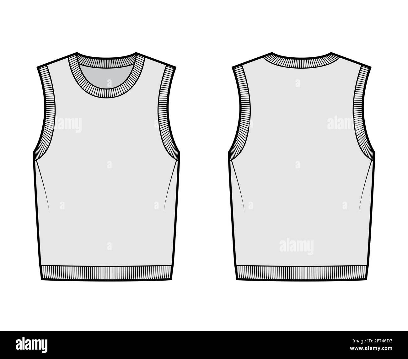 Pullover vest sweater waistcoat technical fashion illustration with sleeveless, rib knit round neckline, oversized body. Flat template front, back, grey color style. Women, men, unisex top CAD mockup Stock Vector