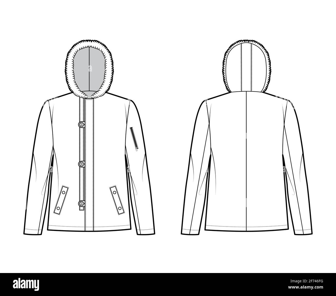 N-2B flight jacket technical fashion illustration with oversized, fur hood, long sleeves, flap pockets, button loop opening. Flat coat template front, back white color style. Women men top CAD mockup Stock Vector