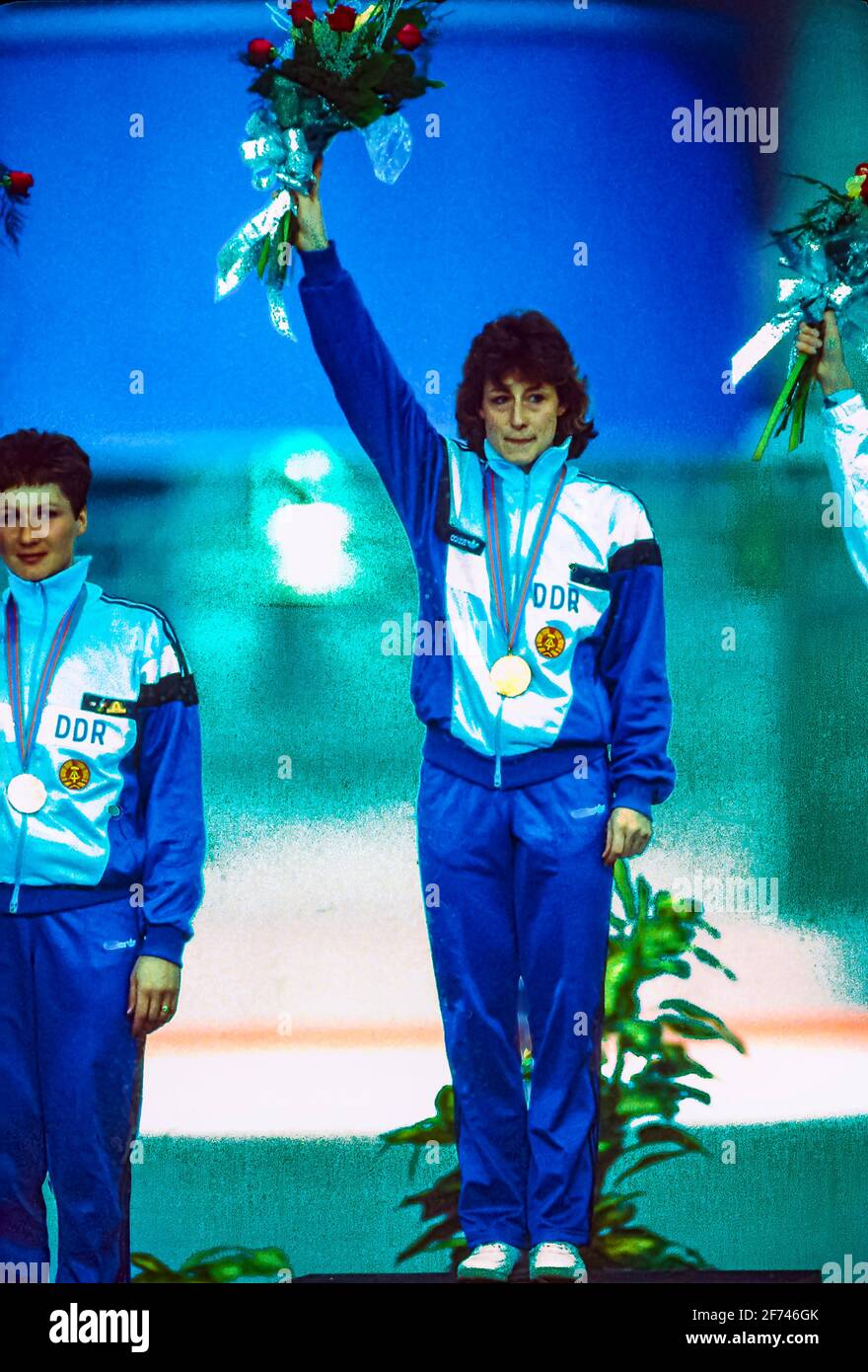 Christa Rothenburger (GDR) gold medal winner in the Women's 1000m speed skating at the 1988 Olympic Winter Games Stock Photo