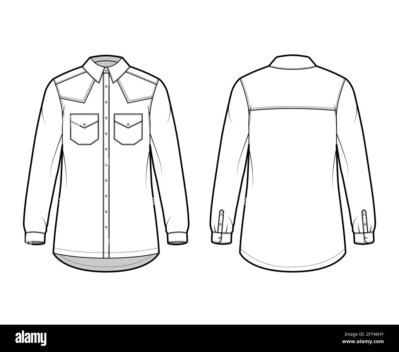 Denim shirt jacket technical fashion illustration with oversized body, flap pockets, button closure, classic collar, long sleeves. Flat apparel front, back, white color style. Women, men CAD mockup Stock Vector