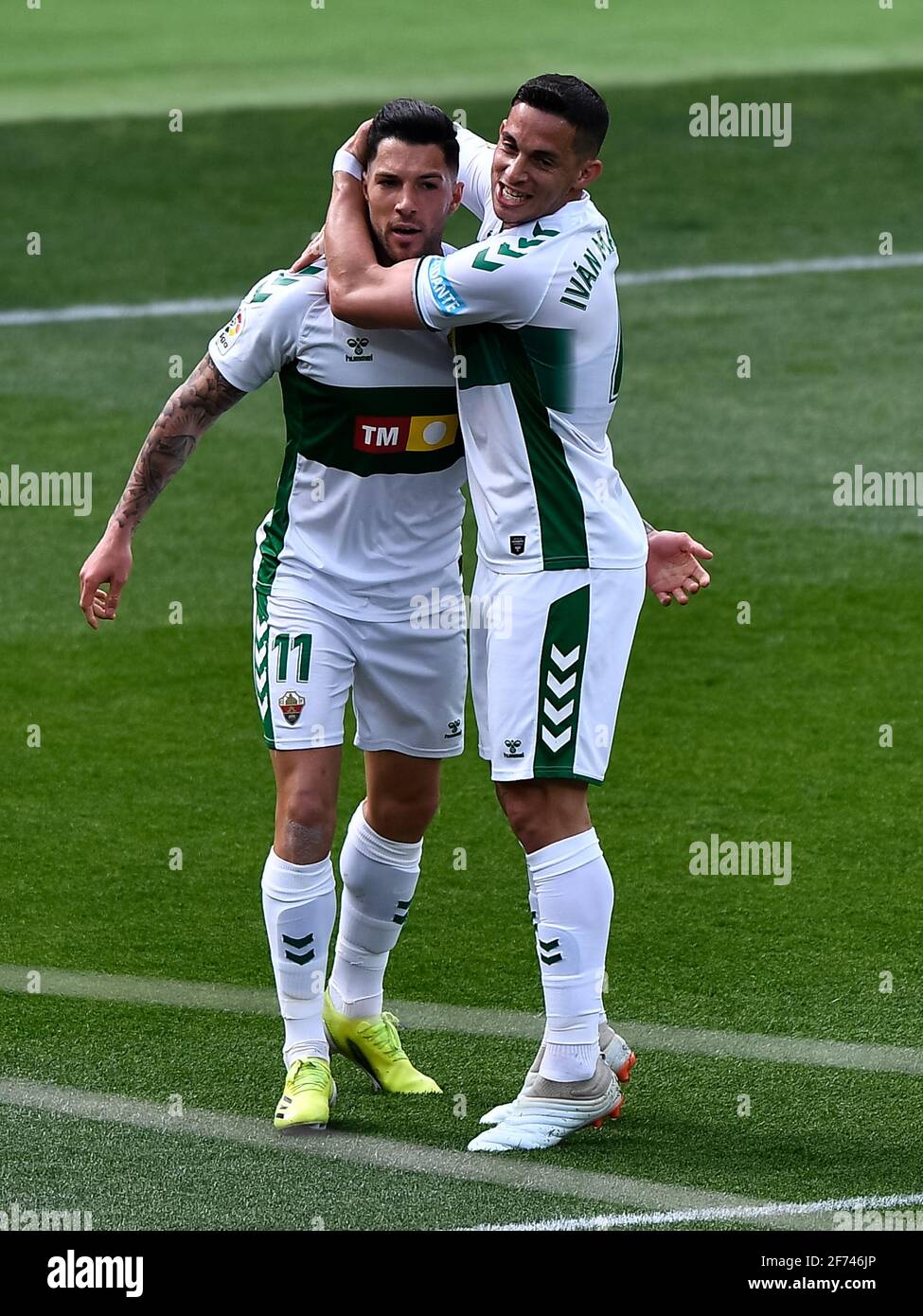 ELCHE, SPAIN - APRIL 4: Tete Morente of Elche CF and Ivan Marcone of Elche CF celebrate their sides first goal during the La Liga Santander match betw Stock Photo