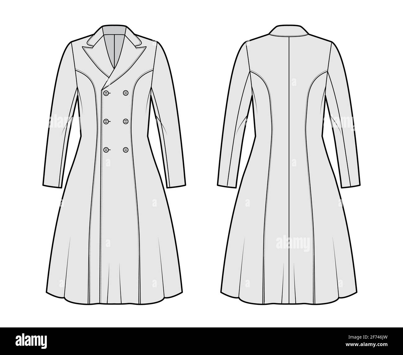 Princess line coat technical fashion illustration with double breasted, long sleeves, peak lapel collar, knee length. Flat jacket template front, back, grey color style. Women, men, unisex CAD mockup Stock Vector