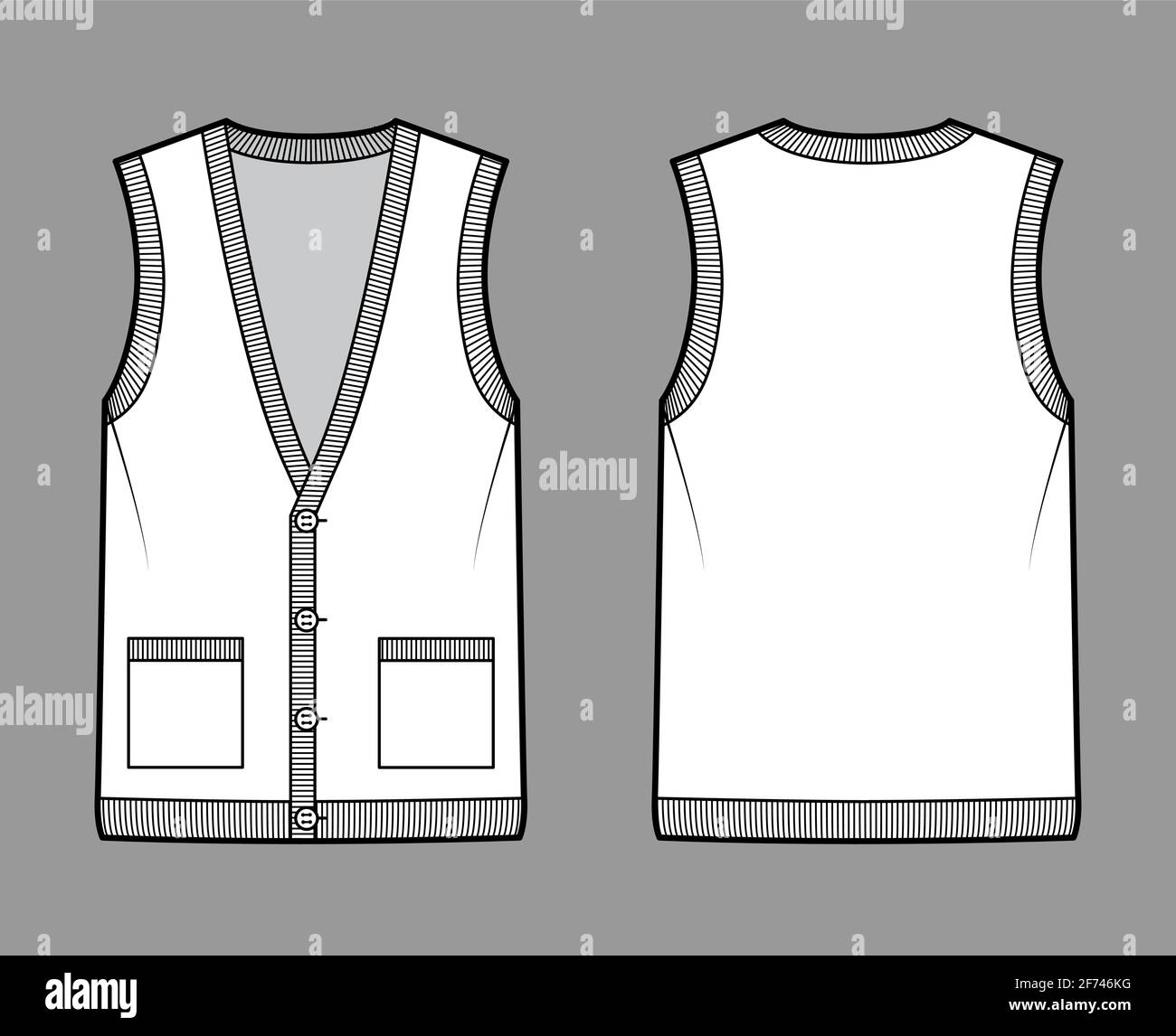 Cardigan vest sweater waistcoat technical fashion illustration with sleeveless, rib knit V-neckline, button closure, pockets. Flat template front, back, white color style. Women, men top CAD mockup Stock Vector