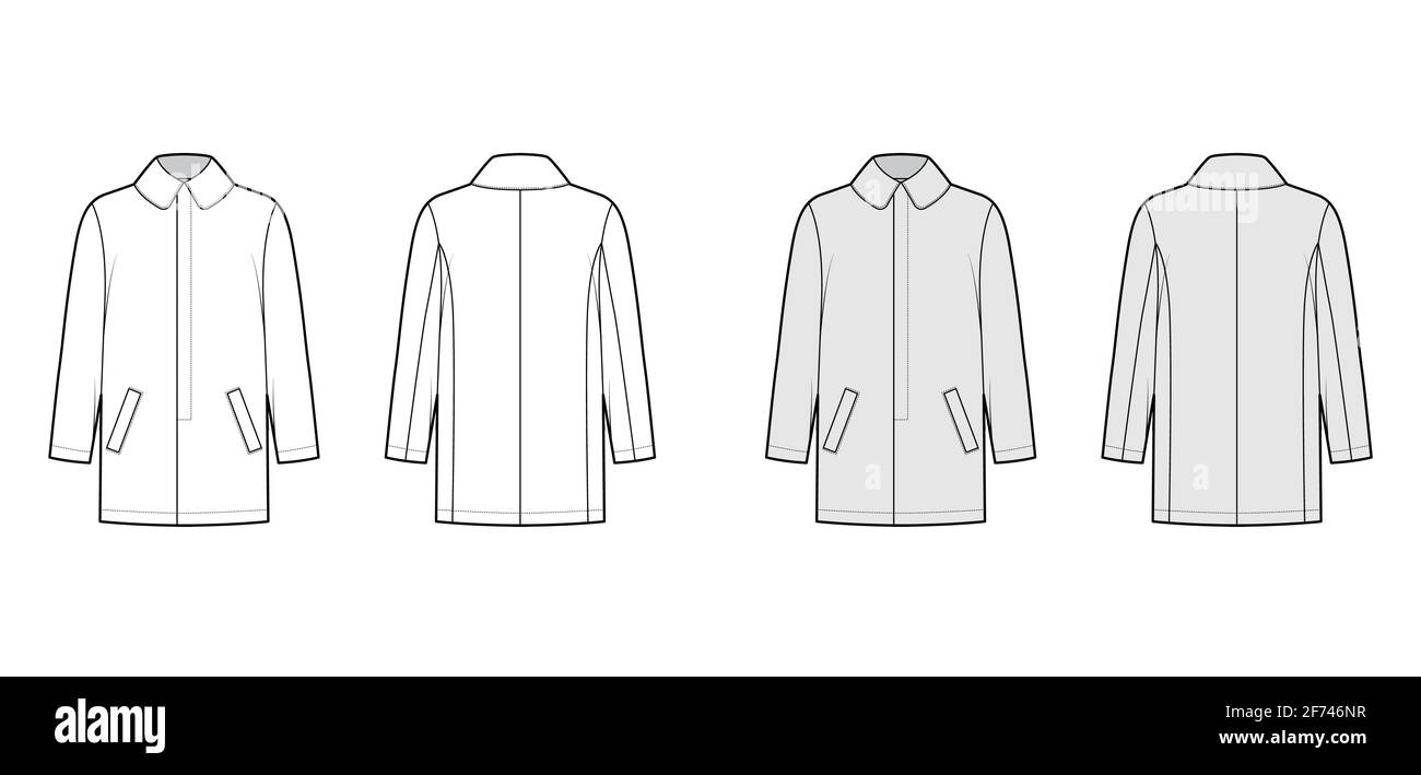 Car coat technical fashion illustration with long sleeves, round lapel