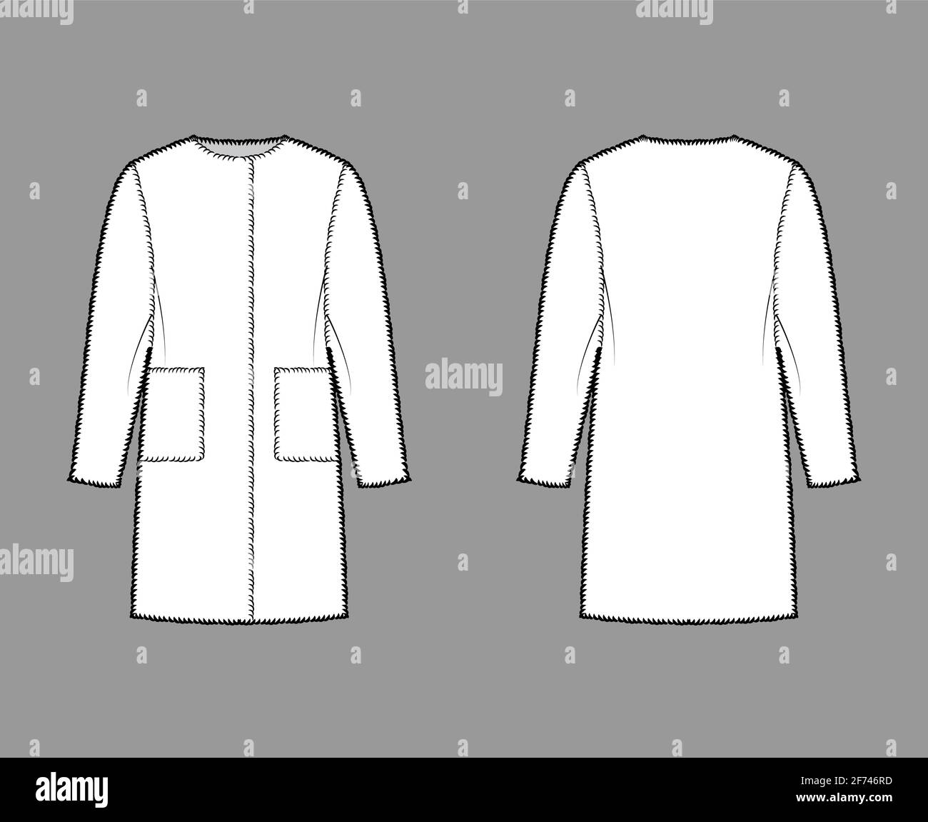 Teddy bear coat fur technical fashion illustration with long sleeves oversized body knee length patch pockets