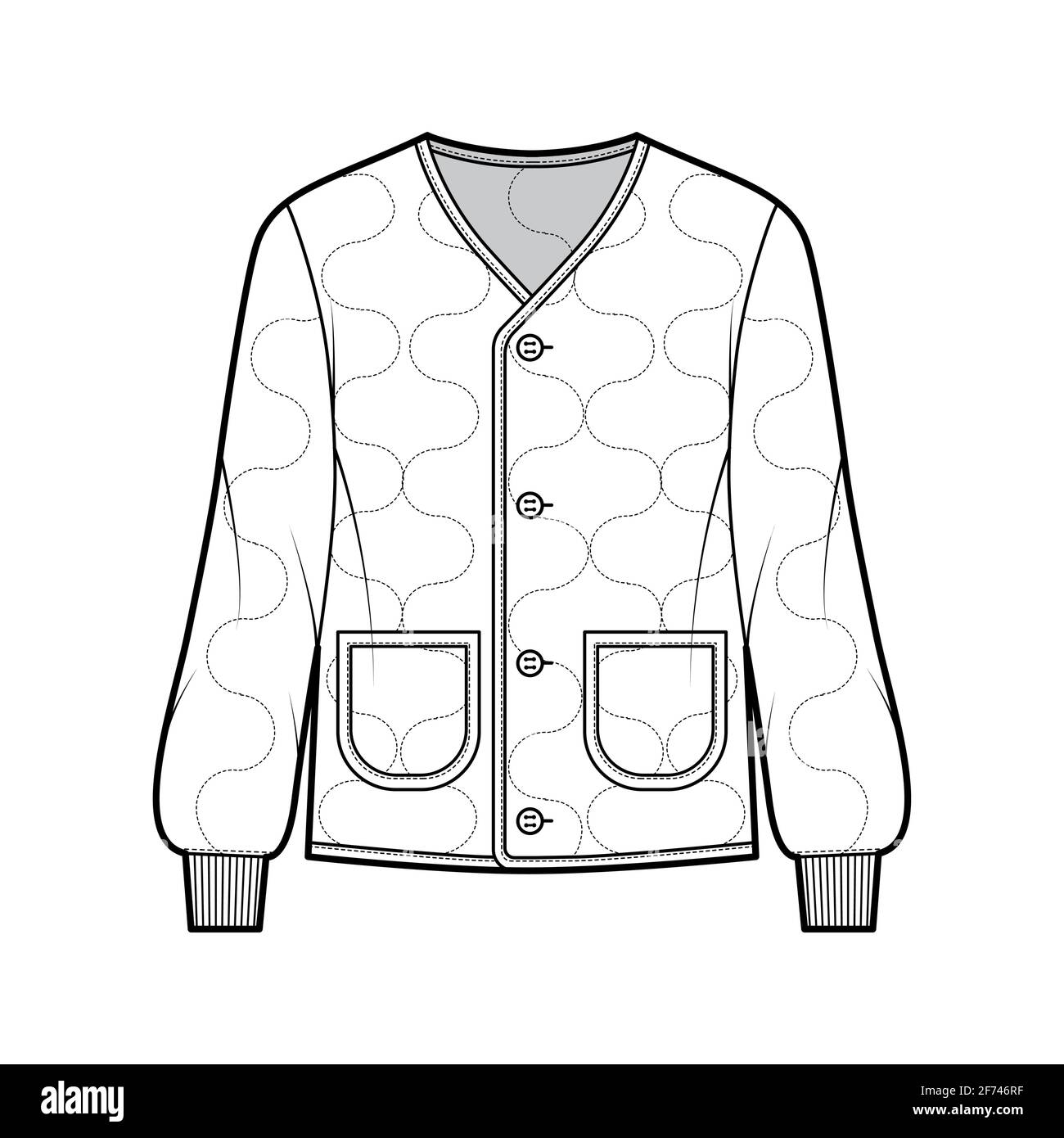 ALS 92 field jacket liner technical fashion illustration with oversized, long sleeves, oval patch pockets, Onion quilted shell. Flat coat template front, white color style. Women men unisex CAD mockup Stock Vector