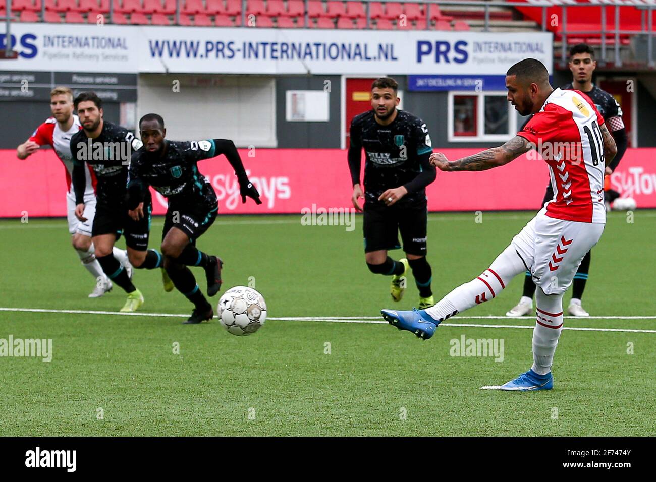 EMMEN, NETHERLANDS - APRIL 4: Sergio Pena of FC Emmen shooting penalty (will miss) during the Dutch Eredivisie match between FC Emmen and RKC Waalwijk Stock Photo