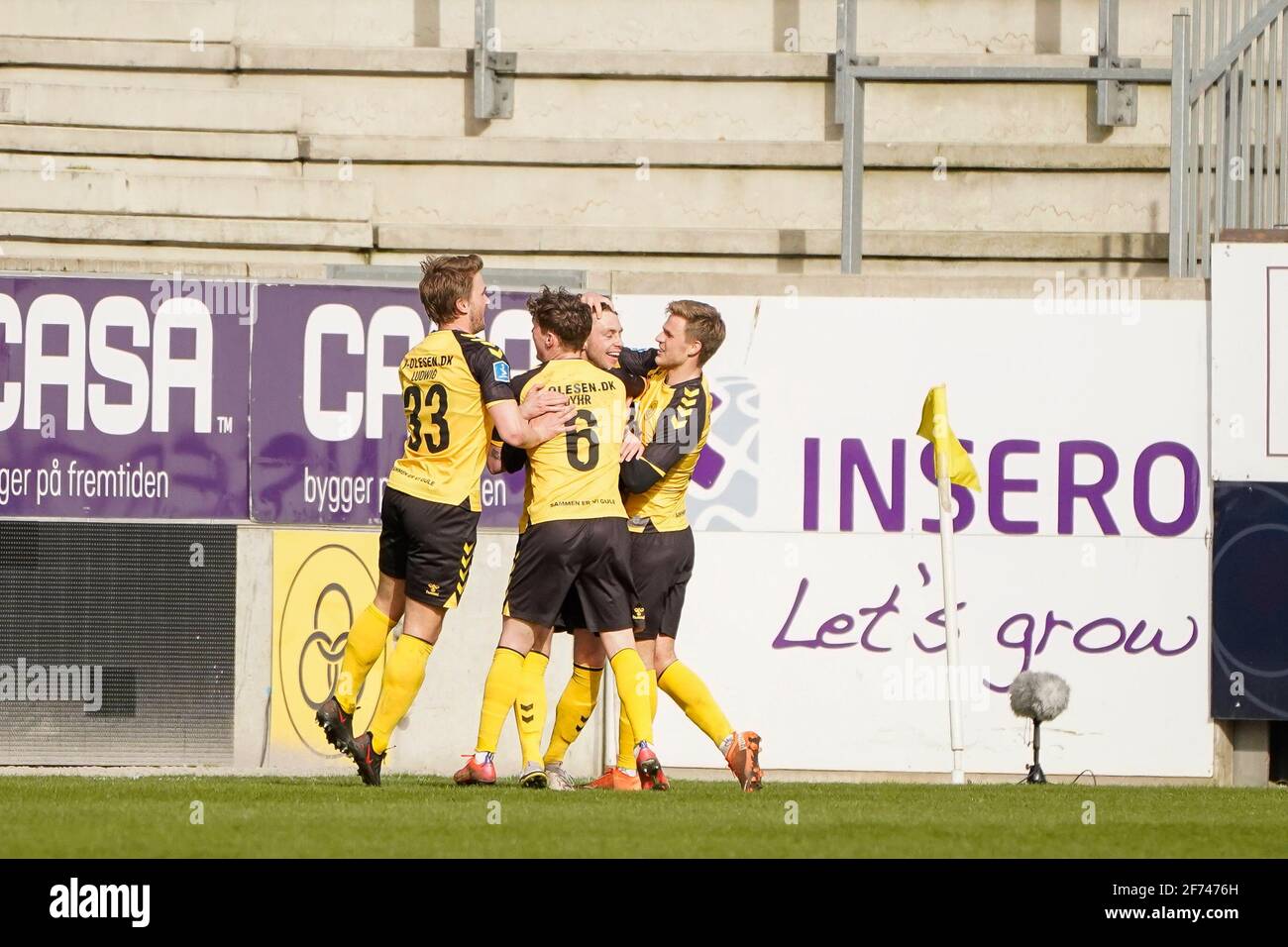 Horsens, Denmark. 04th Apr, 2021. Louka Prip (9) of AC Horsens scores for  1-0 during the 3F Superliga match between AC Horsens and Odense Boldklub at  Casa Arena in Horsens. (Photo Credit: