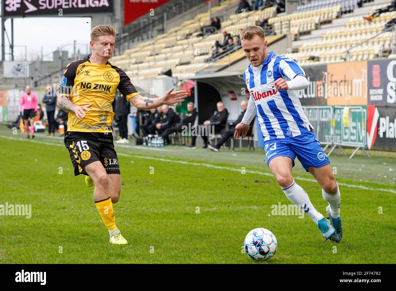 Horsens, Denmark. 04th Apr, 2021. Troels Klove (23) of OB and Jacob Buus  (15) of AC Horsens seen during the 3F Superliga match between AC Horsens  and Odense Boldklub at Casa Arena