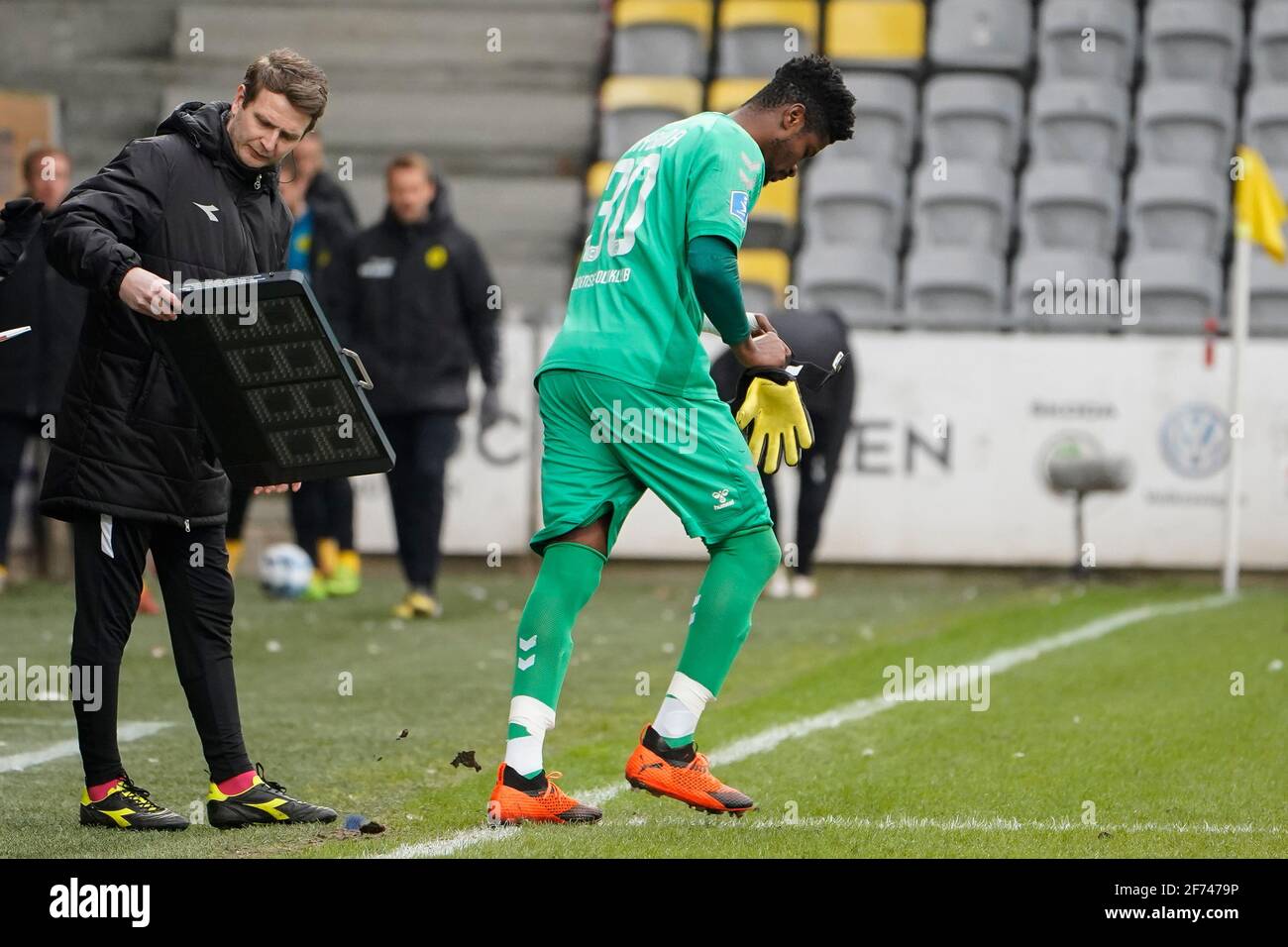 Horsens, Denmark. 04th Apr, 2021. Goalkeeper Sayouba Mande (30) of OB seen during the 3F Superliga match between AC Horsens and Odense Boldklub at Casa Arena in Horsens. (Photo Credit: Gonzales Photo/Alamy Live News Stock Photo