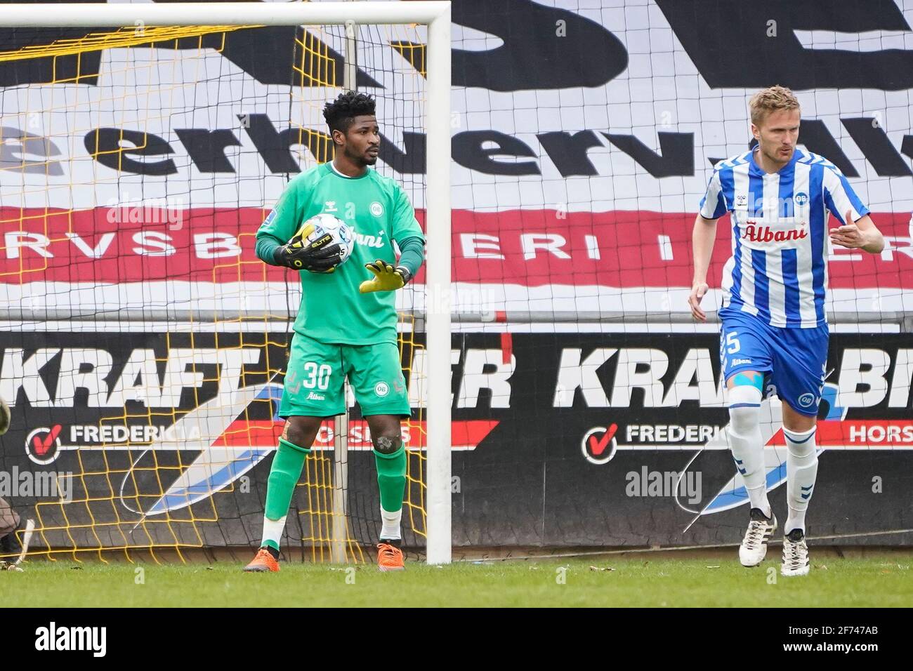 Horsens, Denmark. 04th Apr, 2021. Goalkeeper Sayouba Mande (30) of OB seen during the 3F Superliga match between AC Horsens and Odense Boldklub at Casa Arena in Horsens. (Photo Credit: Gonzales Photo/Alamy Live News Stock Photo