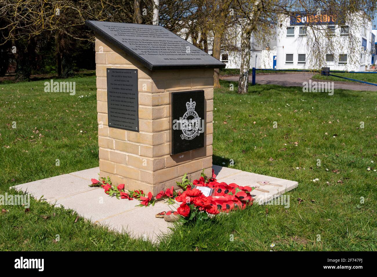 Memorial to the crew members killed in the crash of a wartime RAF Avro Lancaster in Colchester, Essex, UK. Second World War commemoration site Stock Photo