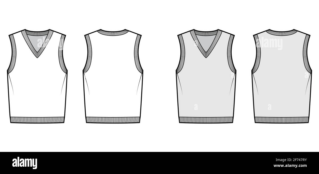 Pullover vest sweater waistcoat technical fashion illustration with sleeveless, rib knit V-neckline, oversized body. Flat template front, back, white, grey color style. Women, men, unisex CAD mockup Stock Vector
