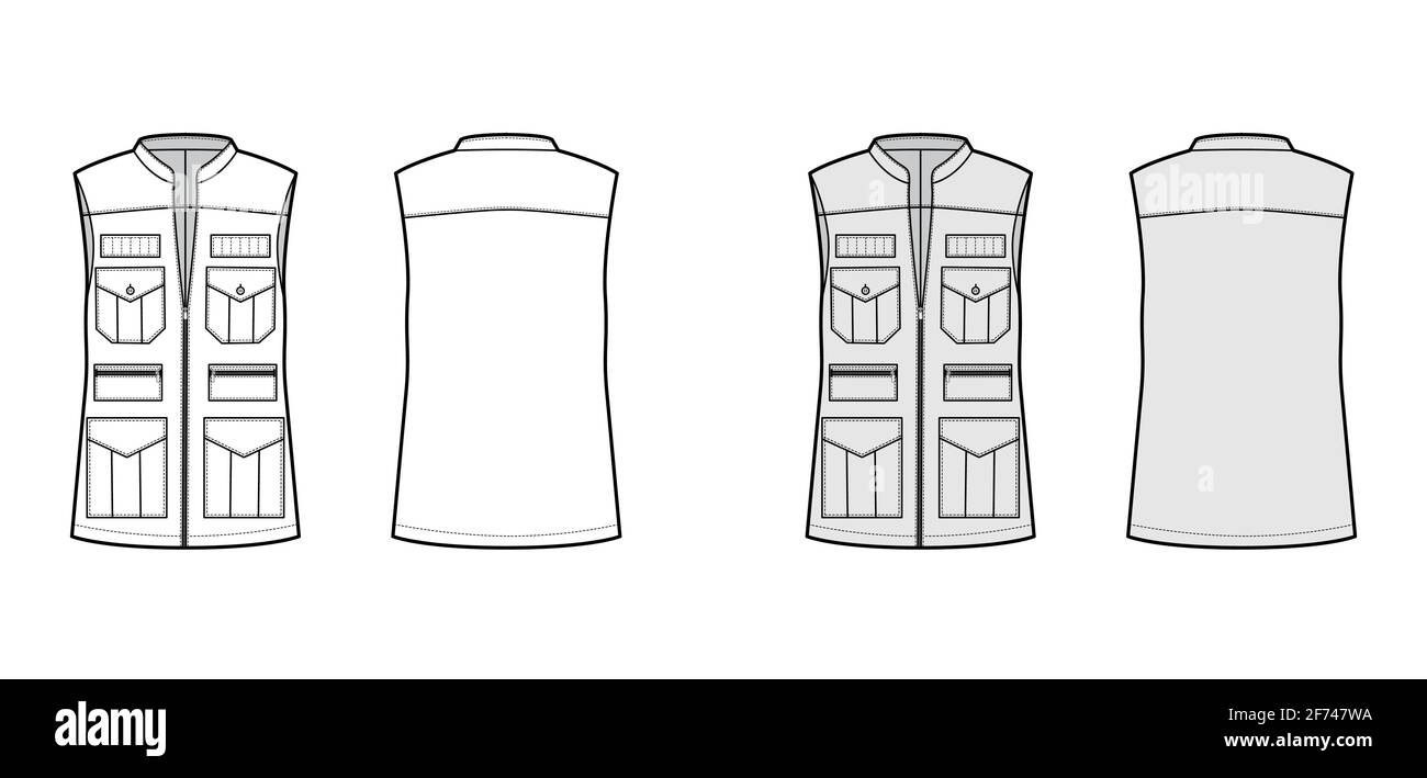 Safari vest waistcoat technical fashion illustration with sleeveless, stand collar, zip-up closure, pockets, oversized body. Flat template front, back, white, grey color. Women, men, unisex CAD mockup Stock Vector