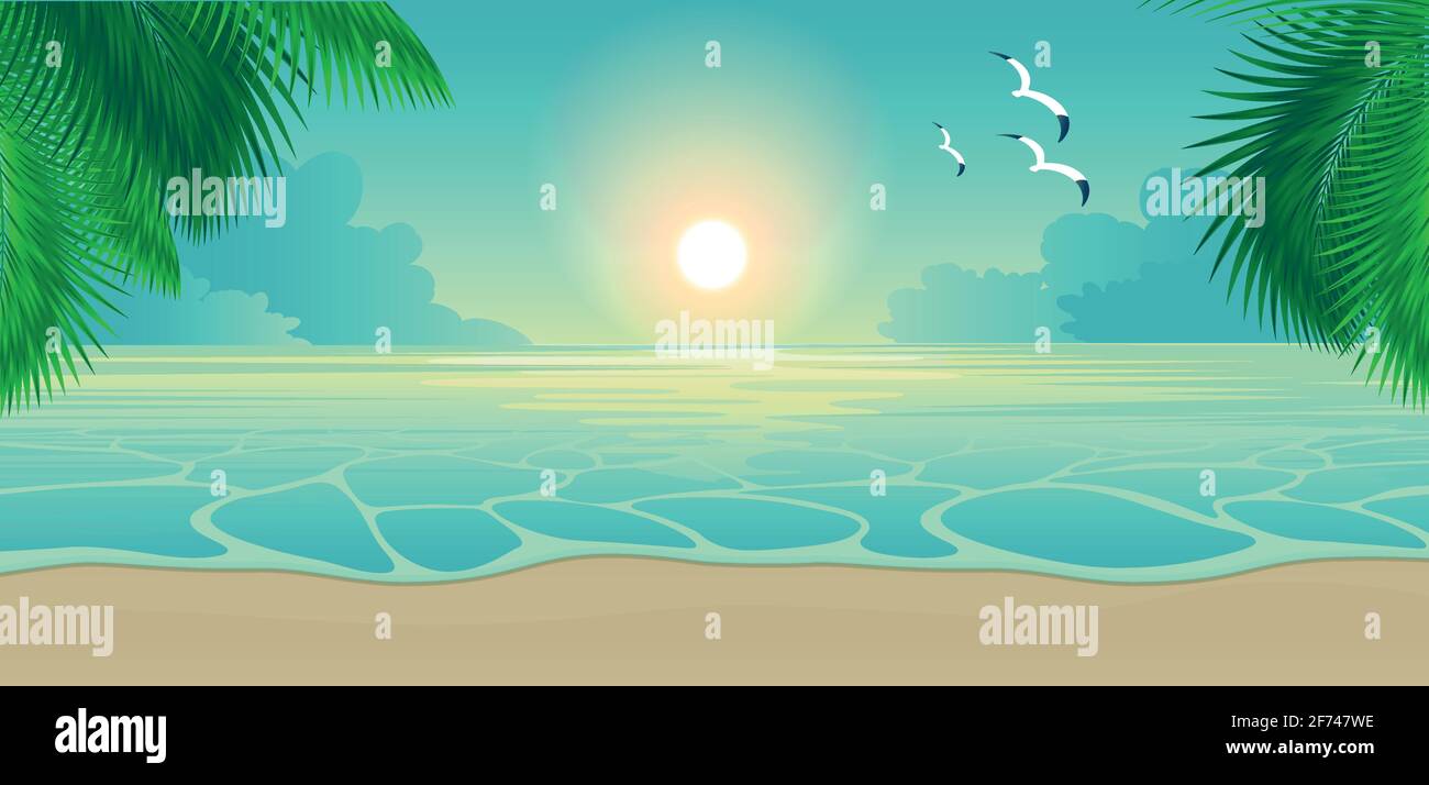 Sunset at the tropical island. Summer vector background with palm leaves and and evening tide flow at the beach seaside coastline and clouds in the cl Stock Vector