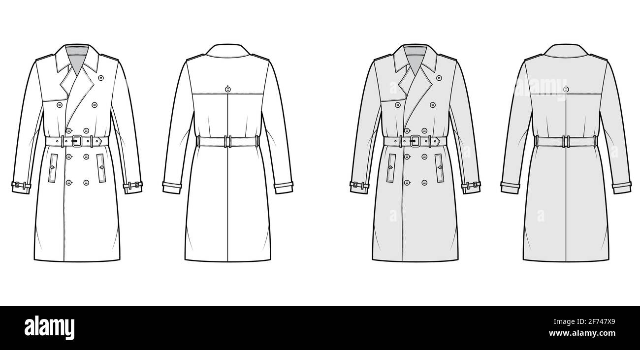 Trench coat technical fashion illustration with belt, double breasted, long sleeves, knee length, storm flap. Flat jacket template front, back, white, grey color style. Women, men, unisex CAD mockup Stock Vector