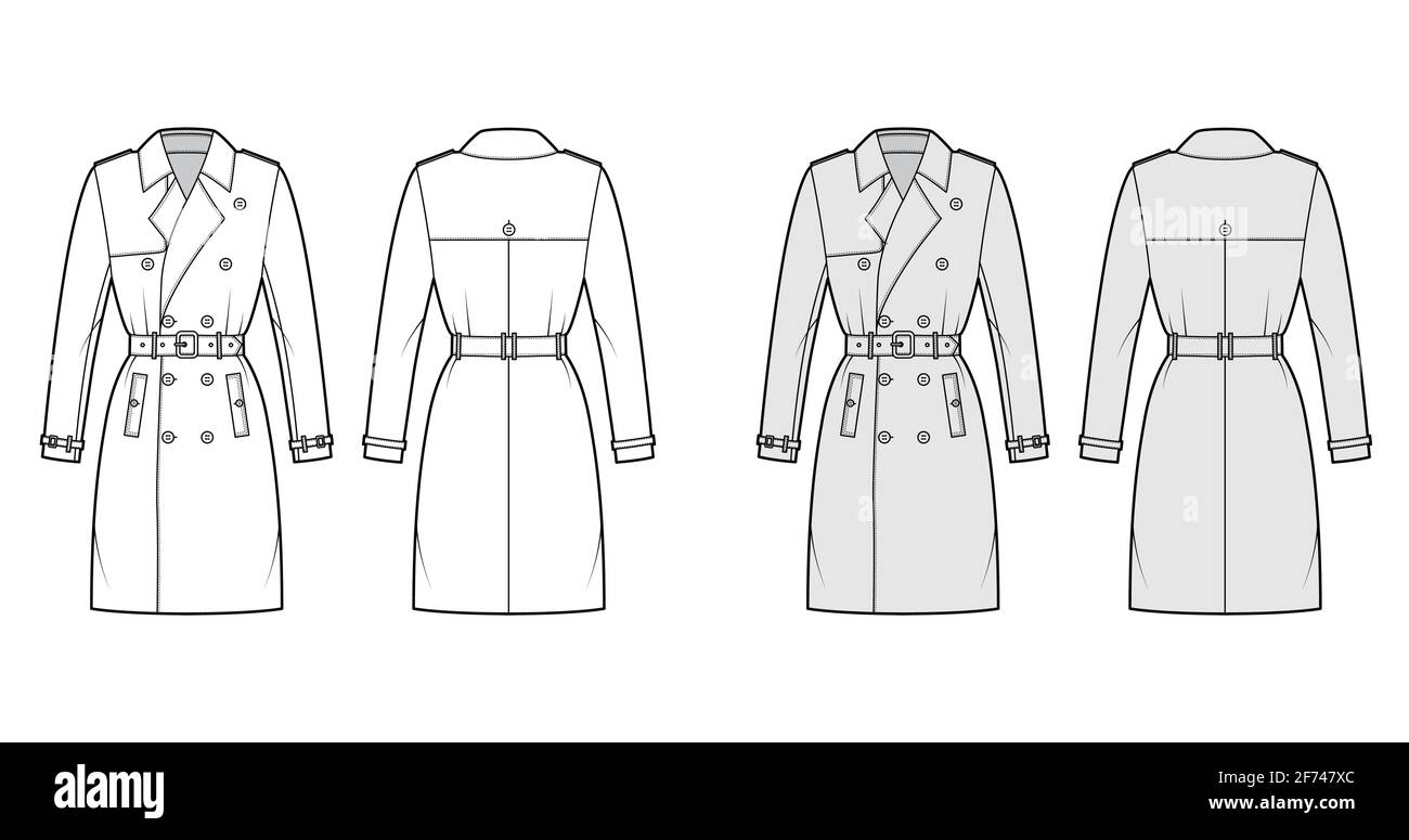 Trench coat technical fashion illustration with belt, double breasted, fitted, long sleeves, knee length, storm flap. Flat jacket template front, back, white, grey color. Women unisex top CAD mockup Stock Vector