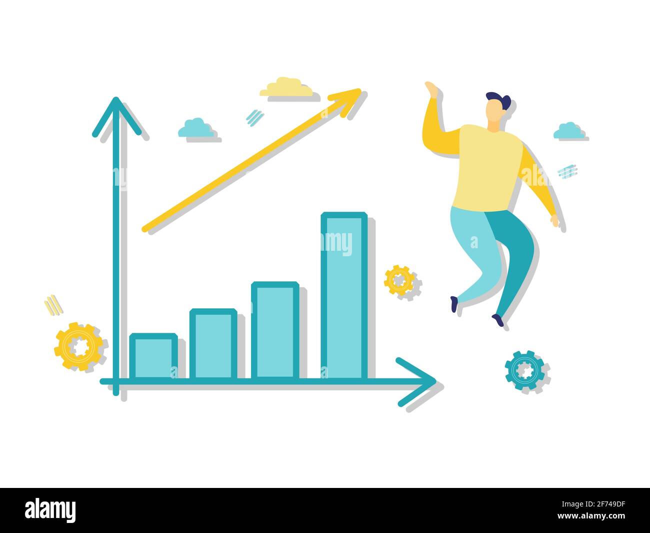 Flat illustration of businessman jumping next to blue chart. Beautiful flat illustration in blue and yellow. Business and finance concepts. Stock Vector