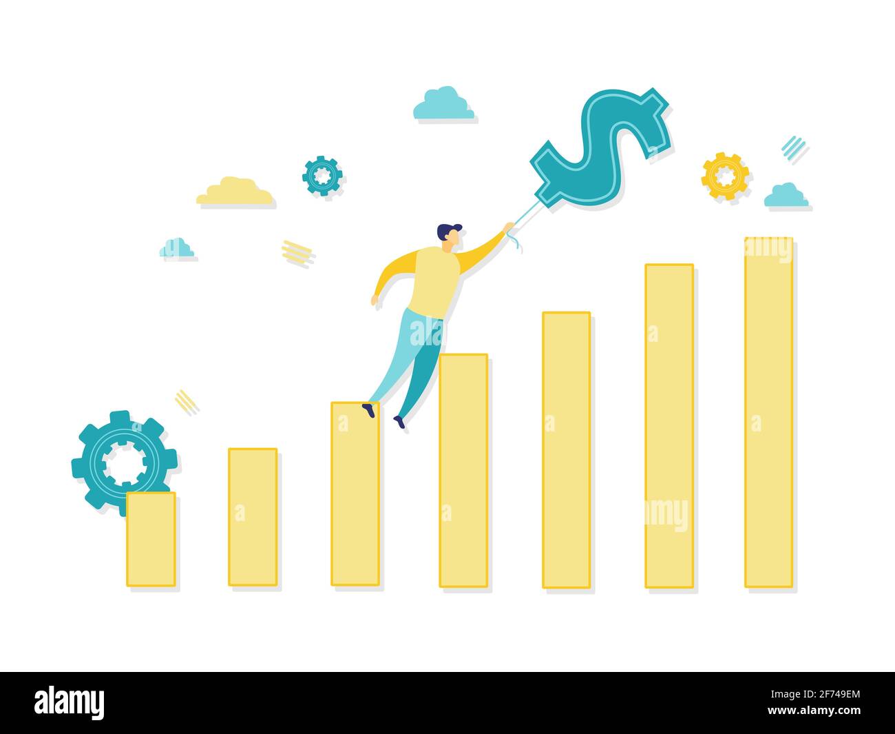Flat illustration of a businessman flying on dollar sign inflatable