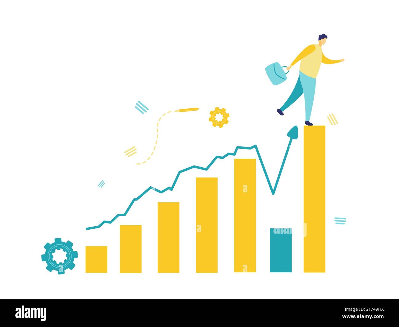 Flat illustration of a business concept, a businessman carrying a bag jumping on a large graphic on a white background. Vision and finance concept. Stock Vector