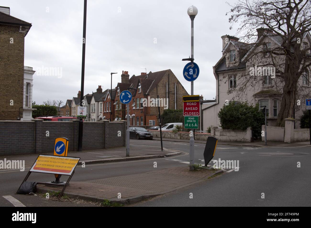 Signs indicating road closures to through traffic due to reconfiguration of transport network