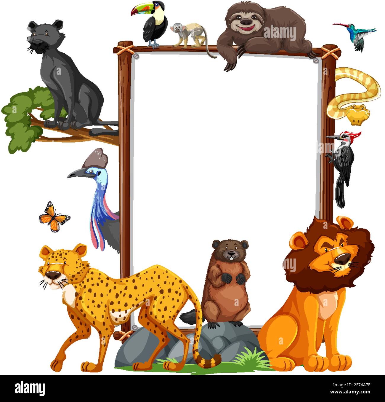 Empty banner with wild animals on white background illustration Stock Vector