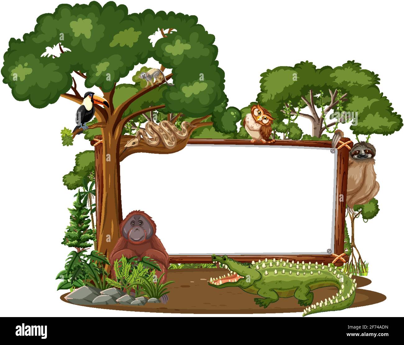 Empty banner with wild animals and rainforest trees on white background ...