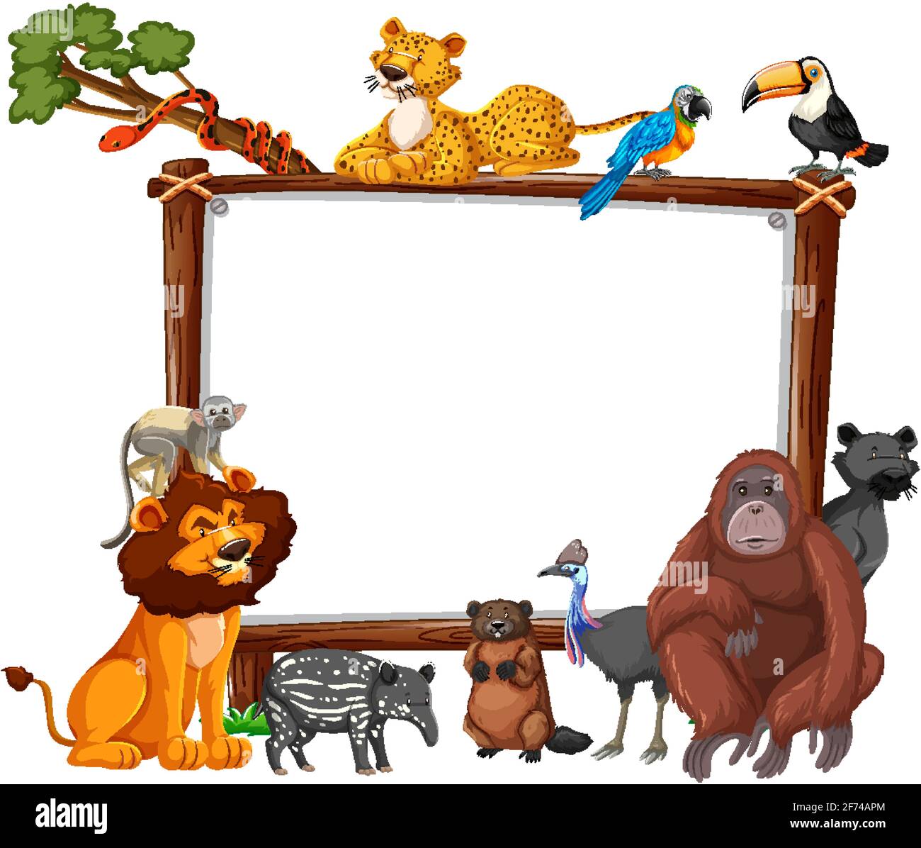 Empty banner with wild animals on white background illustration Stock Vector