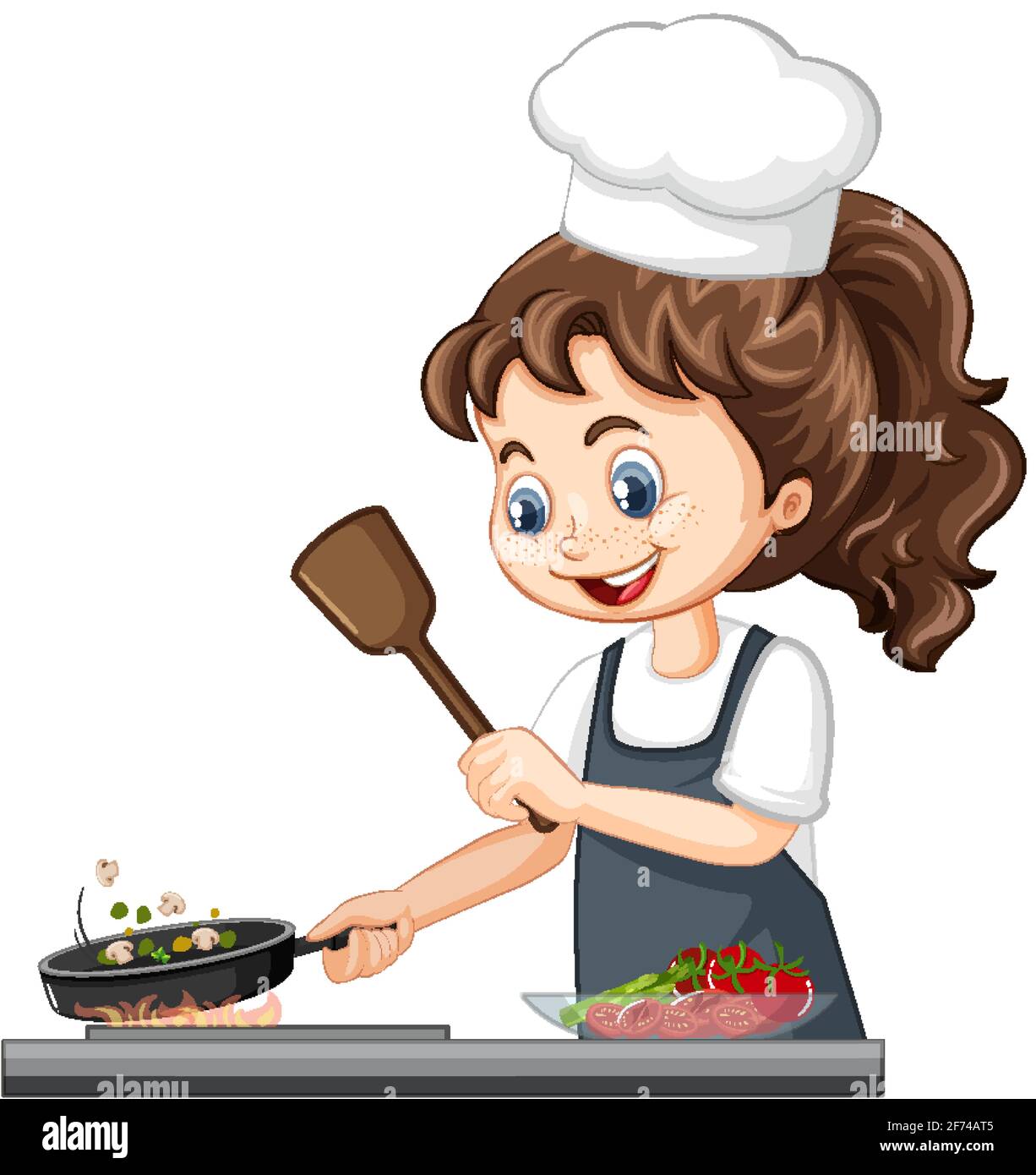 Cute girl character wearing chef hat cooking food illustration ...