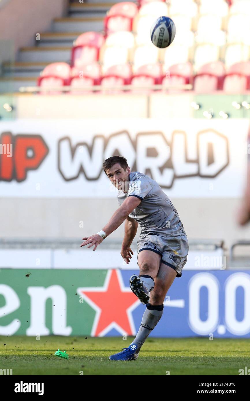 Llanelli Uk 04th Apr 21 Aj Macginty Of Sale Sharks Kicks A Conversion European Rugby Champions Cup Round Of 16 Match Scarlets V Sale Sharks At The Parc Y Scarlets Stadium In