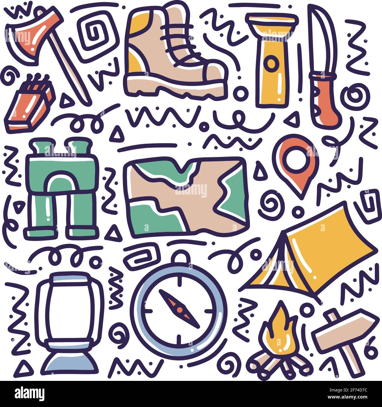 doodle set of camp tools hand drawing Stock Vector