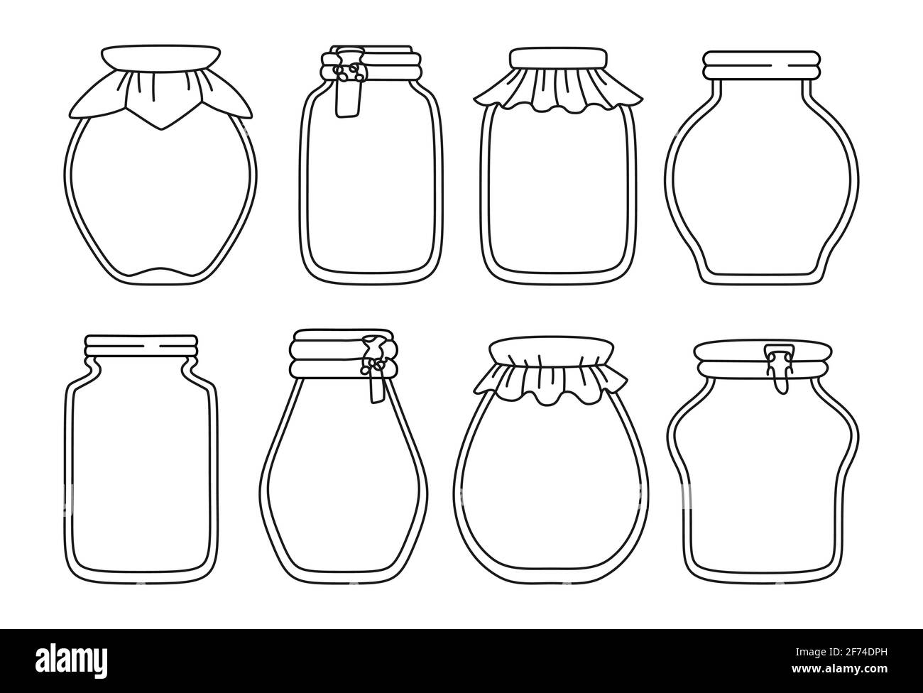 Glass empty jar doodle black line set. Contour label packaging jam drawing  for notes, date or