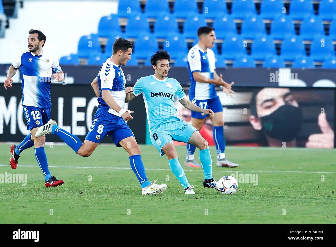 Leganes Spain 4th Apr 21 L R Adri Cuevas Sabadell Gaku Shibasaki Leganes Football Soccer Spanish La Liga Smartbank Match Between Cd Leganes 2 1 Ce Sabadell Fc At The Estadio Municipal De Butarque
