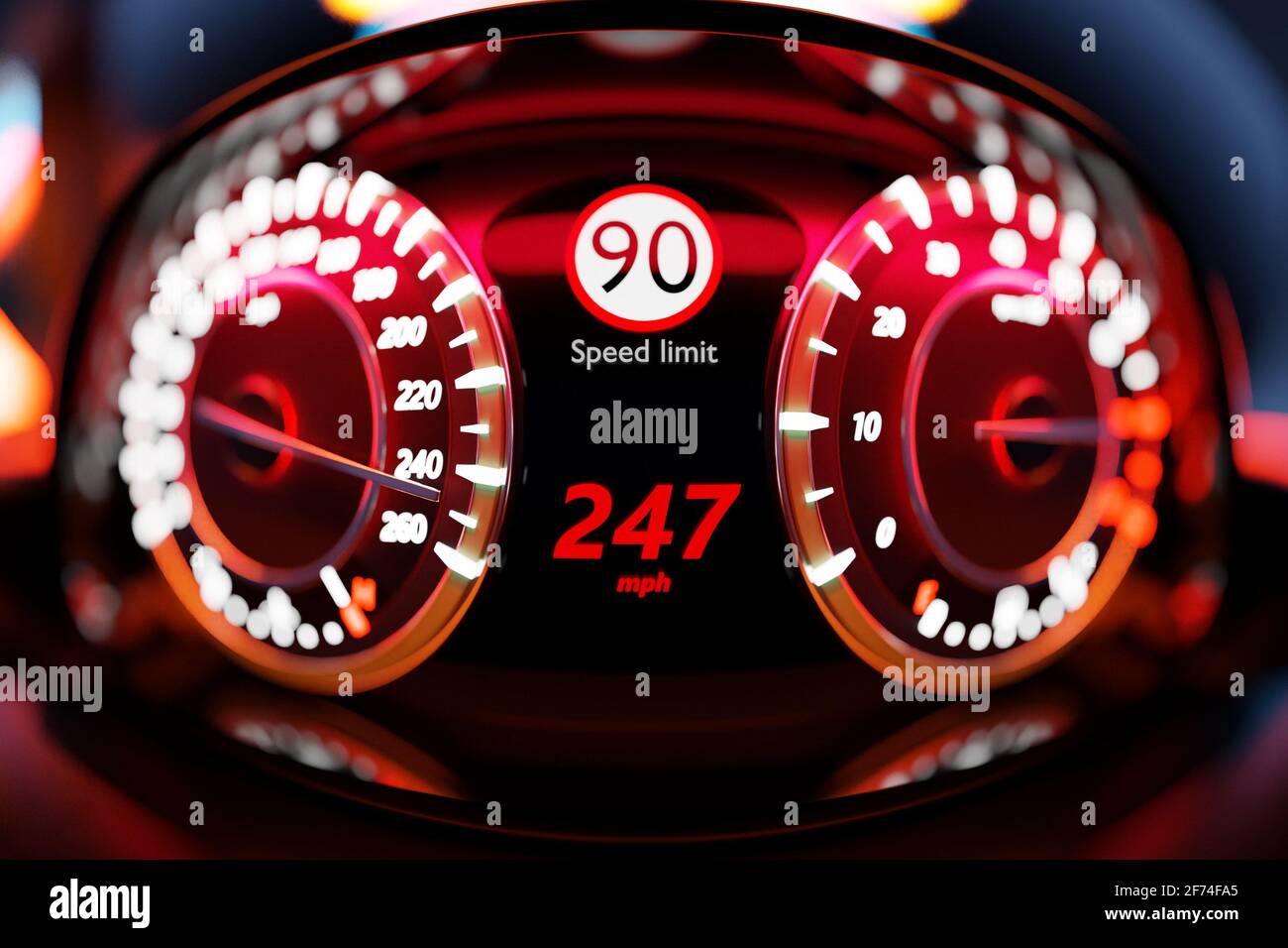 3D illustration of the new car interior details. Speedometer shows a maximum speed of 247 km h, tachometer with red backlight. Design and interior of Stock Photo