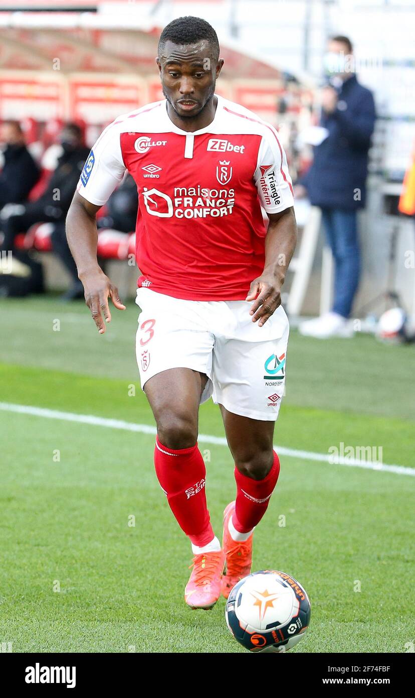 Ghislain Konan of Reims during the French championship Ligue 1 football  match between Stade de Reims and Stade Rennais (Rennes) on April 4, 2021 at  Stade Auguste Delaune in Reims, France -