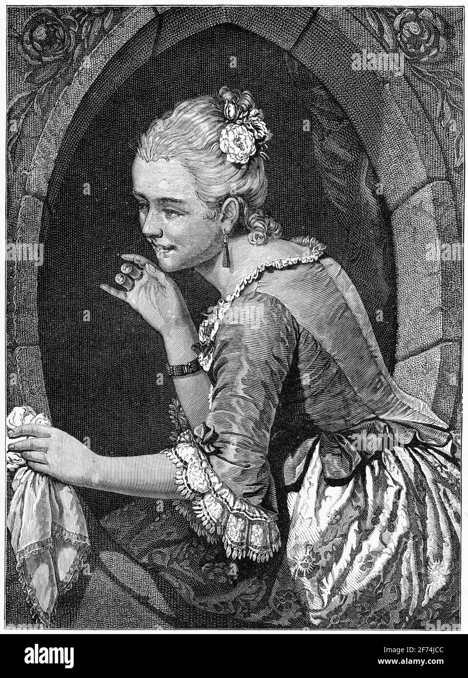 Engraved portrait of a young woman dressed in the clothes of an 18th century lady Stock Photo