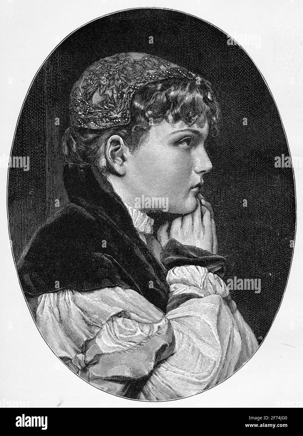 Engraved portrait of a young woman in an attitude of prayer Stock Photo