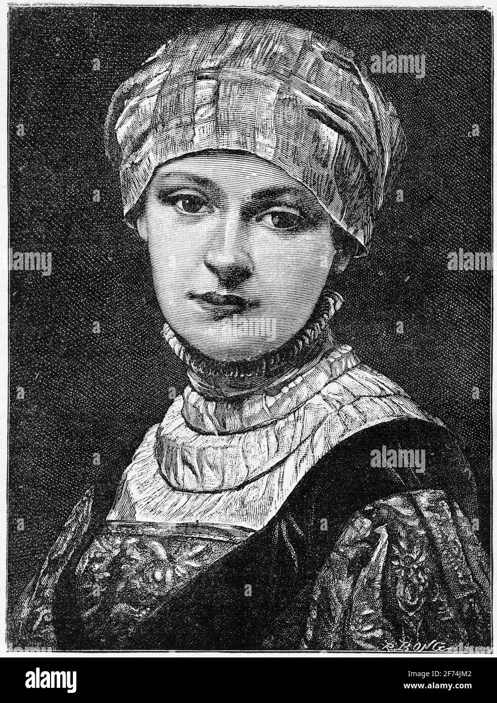 Engraved portrait of a young woman in middle eastern costume Stock Photo