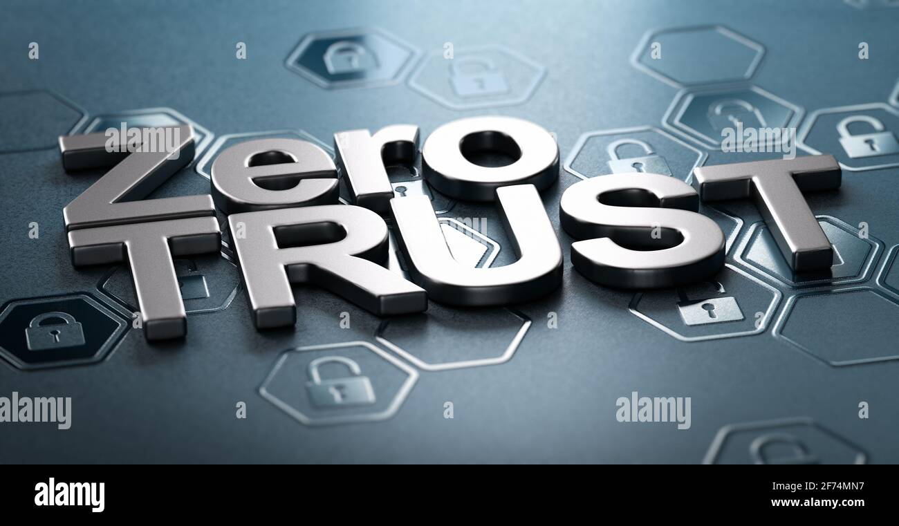 3D illustration of the text zero trust over black background with padlock shapes in relief. Concept of network security. Stock Photo