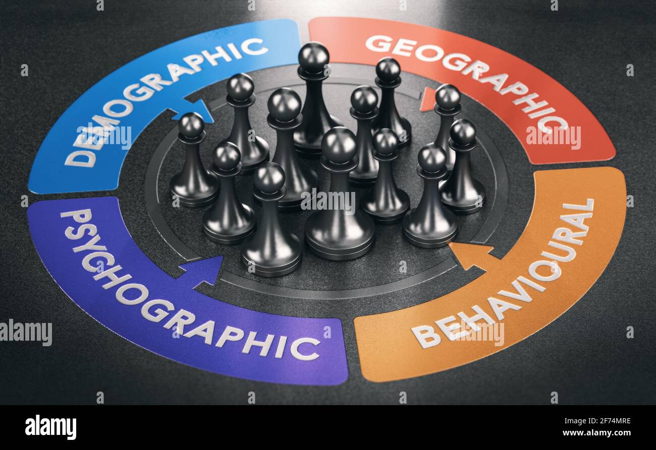 3D illustration of pawns inside a red circle segmented in four parts with the words demographic, geographic, behavioural and psychographic. Black back Stock Photo