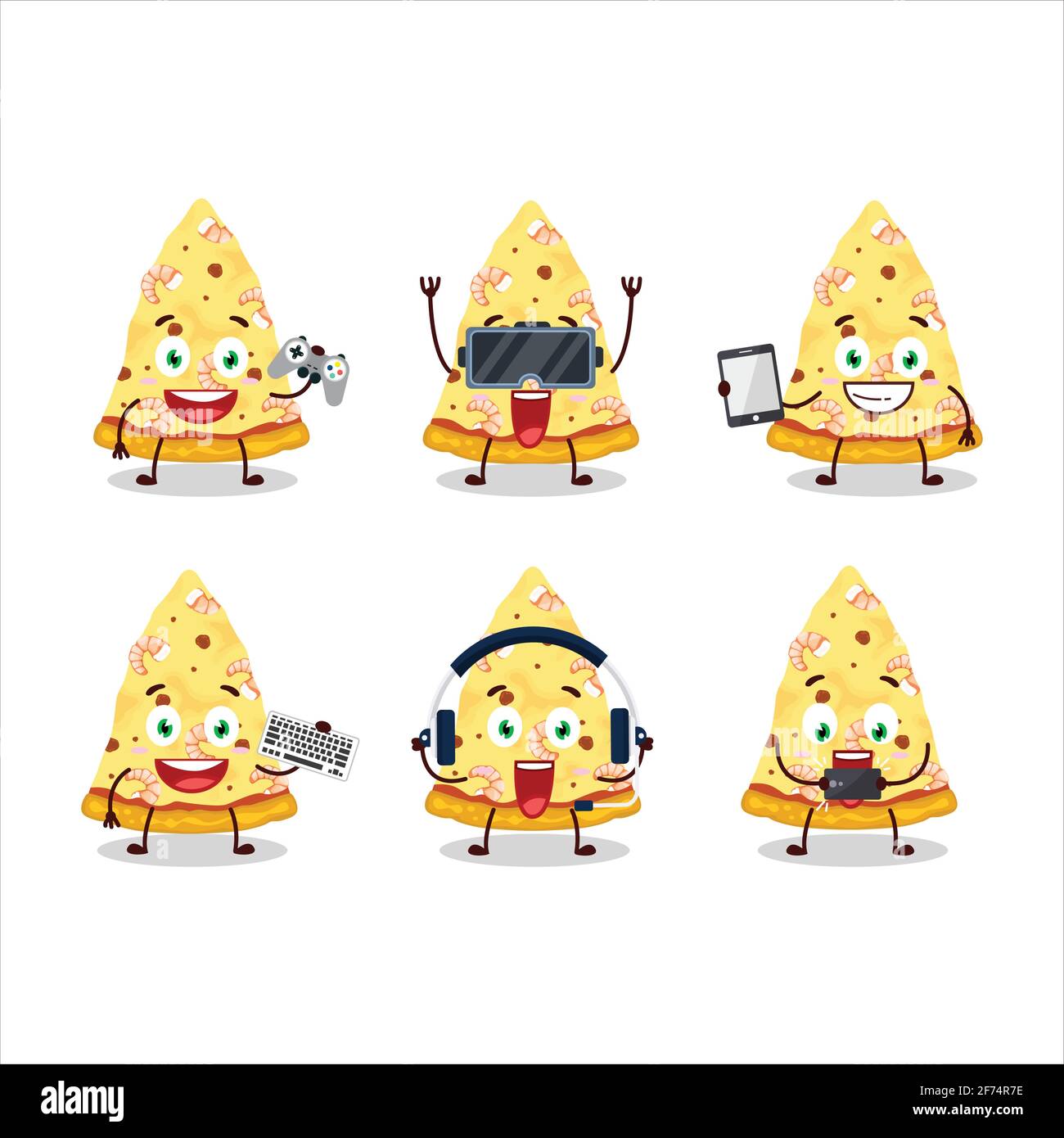 Slice of marinara pizza cartoon character are playing games with various cute emoticons. Vector