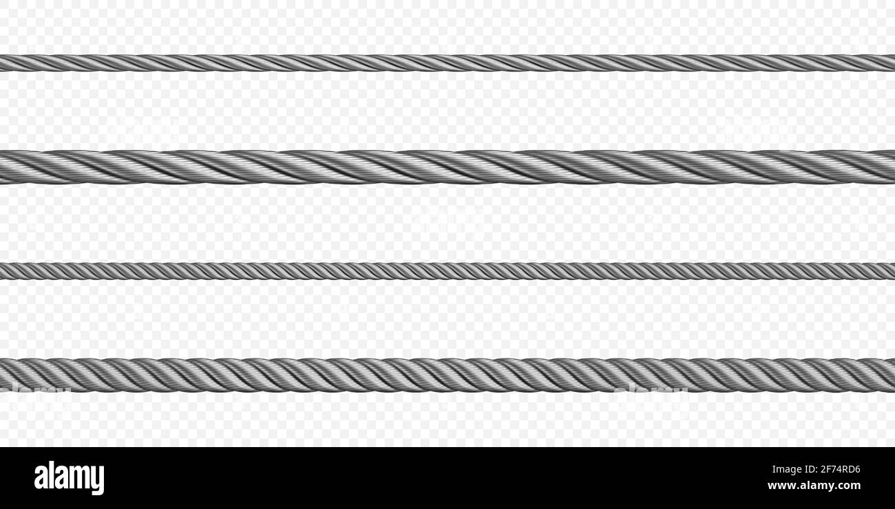 Metal hawser, rope, steel cord of different sizes, silver colored twisted cables or strings. Decorative sewing items or industrial objects isolated on transparent background Realistic 3d vector set Stock Vector