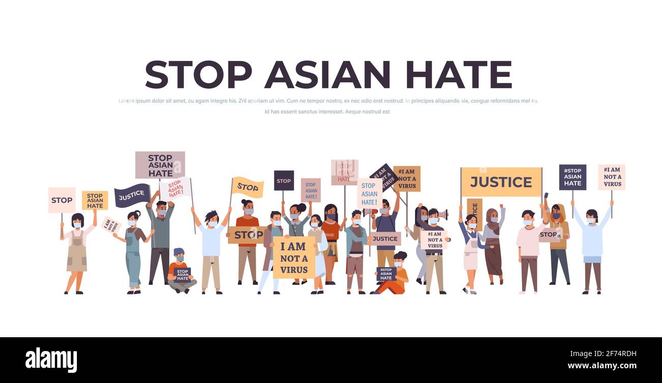 stop asian hate mix race people in masks holding banners against racism ...