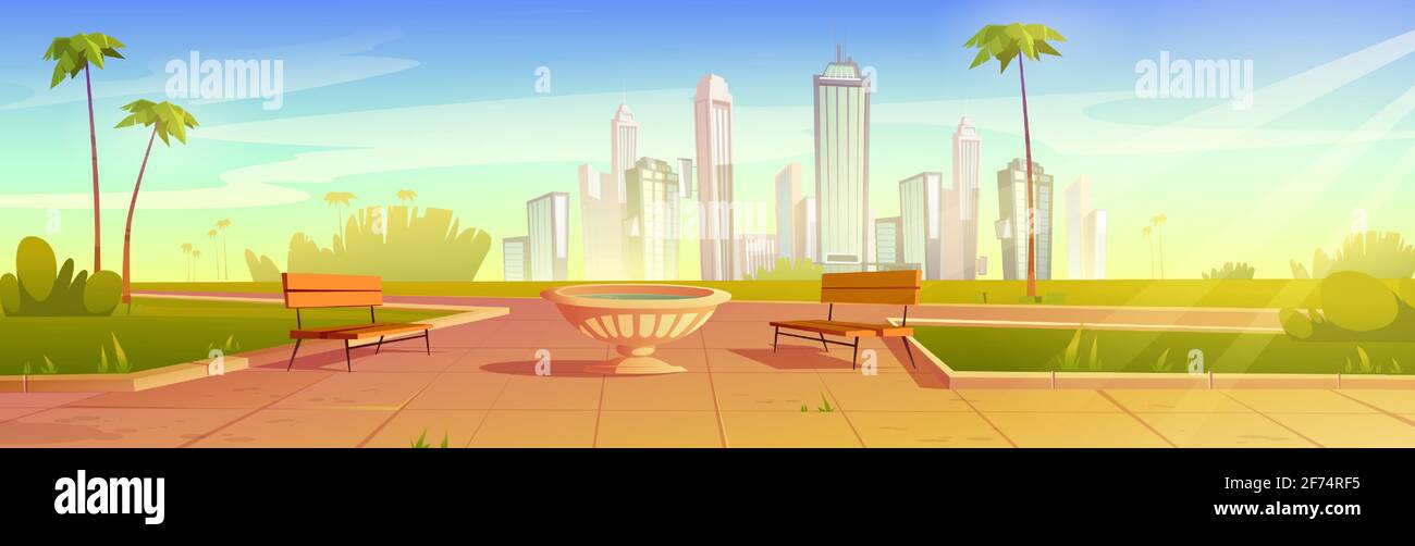 City park with benches and flowerpot, summer scenery cityscape background, empty public place for walking and recreation with green grass, palm trees and lawn. Urban garden Cartoon vector illustration Stock Vector