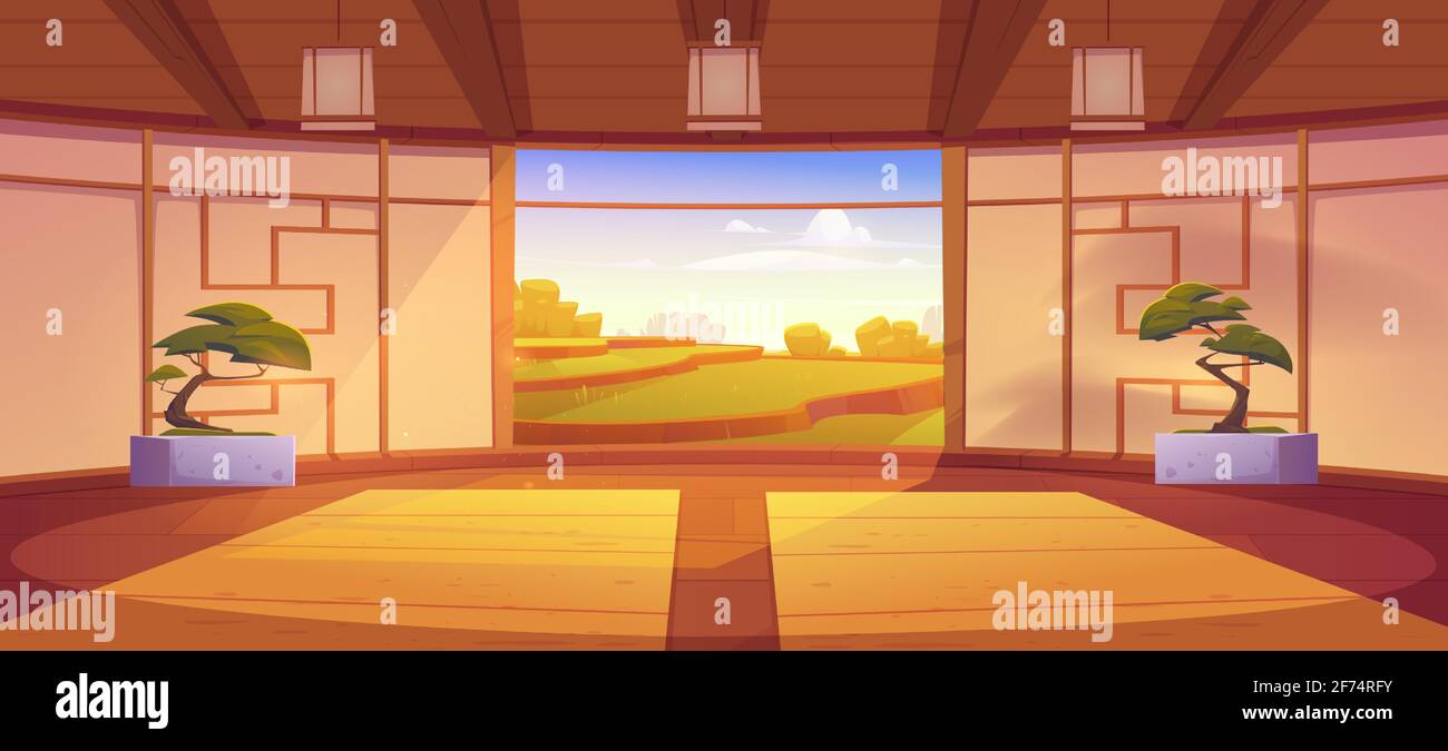 Dojo room, empty japanese style interior for meditation or martial arts workout with wooden floor, bonsai trees and open door with scenic peaceful view on asian rice field, Cartoon vector illustration Stock Vector