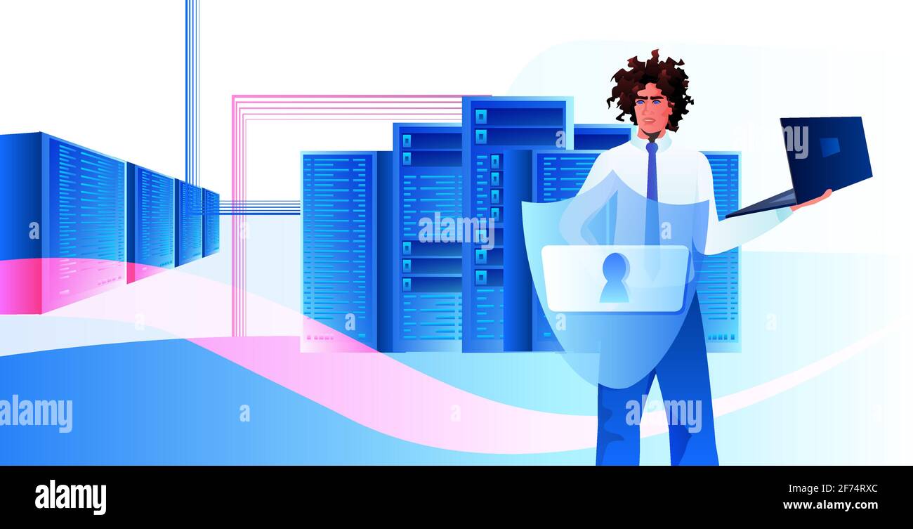 african american man engineer using laptop database server protection big data privacy security concept Stock Vector