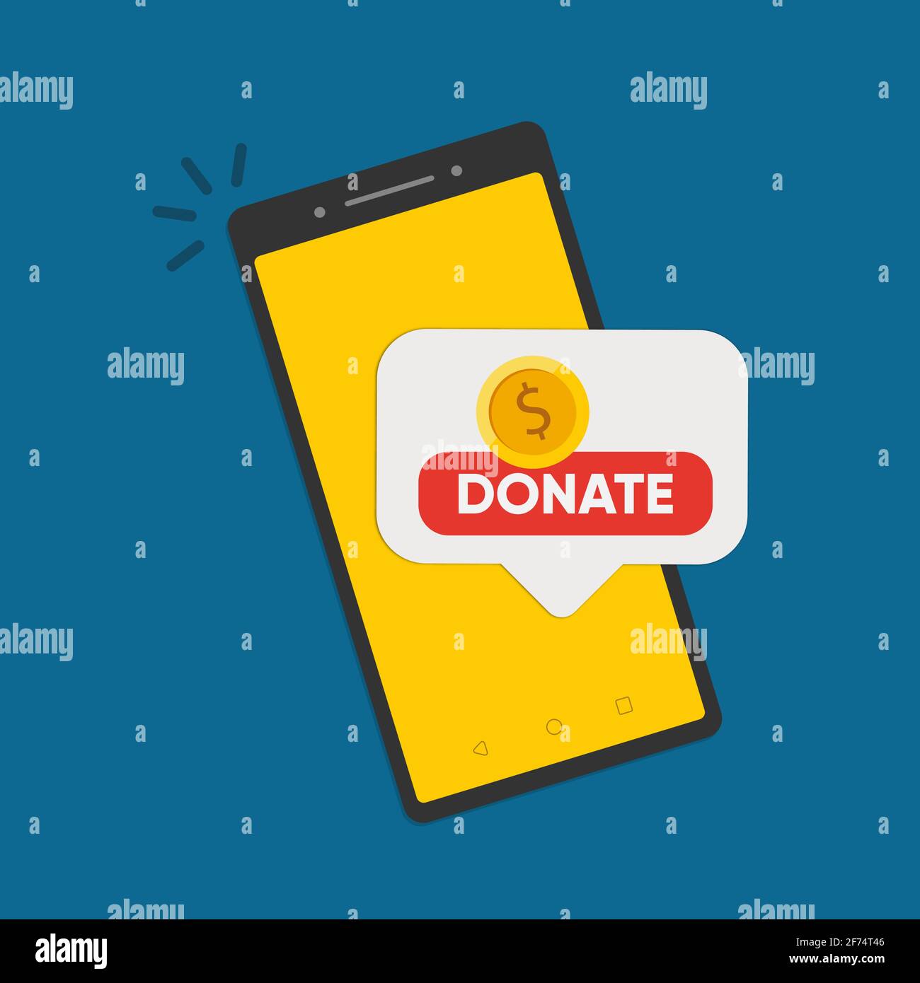 Smartphone with gold coin and button on screen. Donate online concept.  Stock Vector