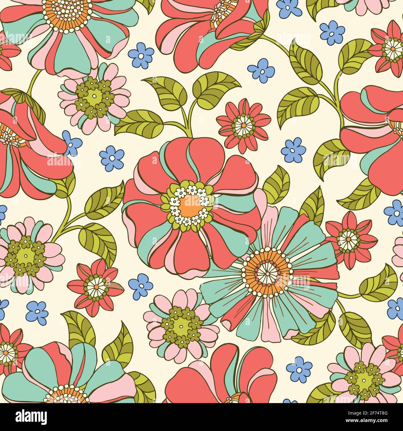 Colorful Large Scale Hand-Drawn Floral Vector Seamless Pattern. 70s Nostalgia Stock Vector