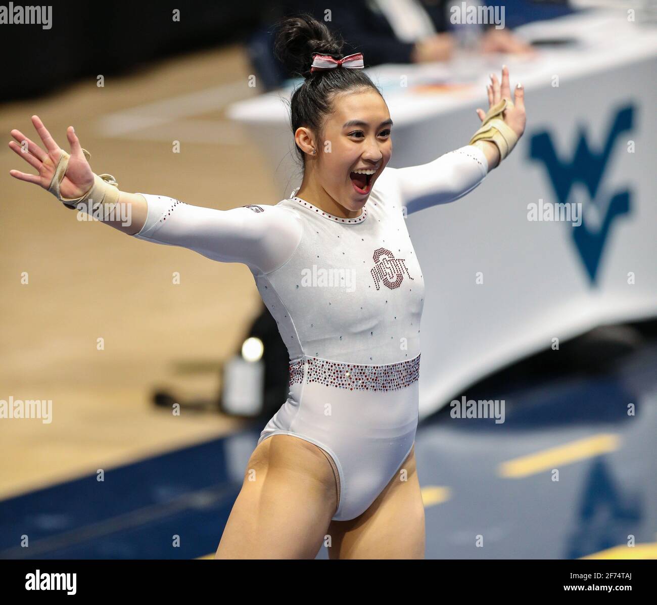 Morgantown, WV, USA. 2nd Apr, 2021. Ohio State's Alexis Haskins smiles as she competes on the floor during the Session 1 of the NCAA Gymnastics Morgantown Regional at the WVU Coliseum in Morgantown, WV. Kyle Okita/CSM/Alamy Live News Stock Photo
