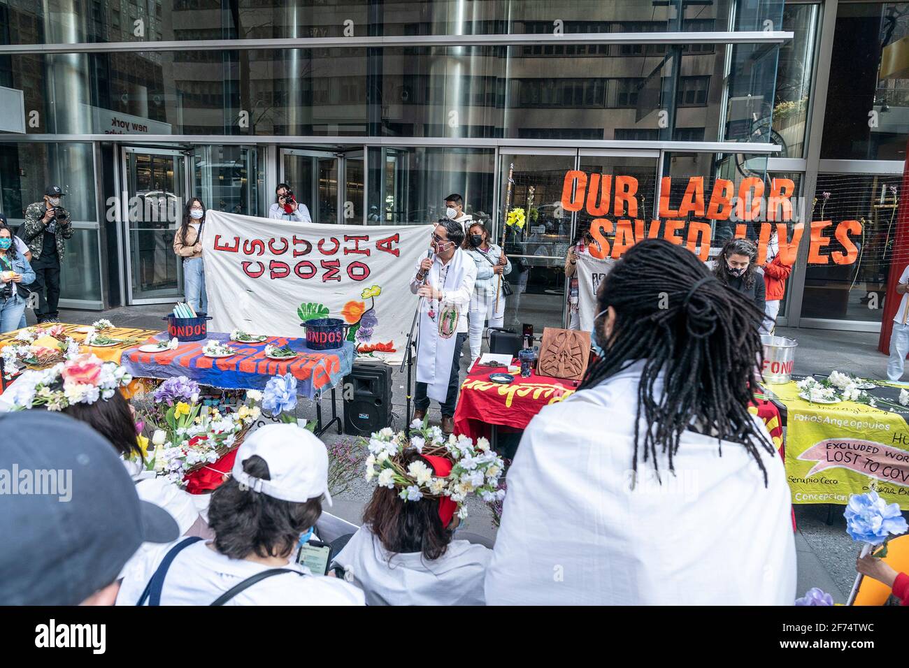 New York, United States. 04th Apr, 2021. Participants of hunger strike, advocates and local politicians attend excluded workers rally on 3rd avenue in front of Governor office. Participants of hunger strike, volunteers and local politicians rally to demand creation of an excluded worker's fund from New York State in the upcoming budget. Excluded workers did not receive federal unemployment aid because of various factors like immigration status. (Photo by Lev Radin/Pacific Press) Credit: Pacific Press Media Production Corp./Alamy Live News Stock Photo